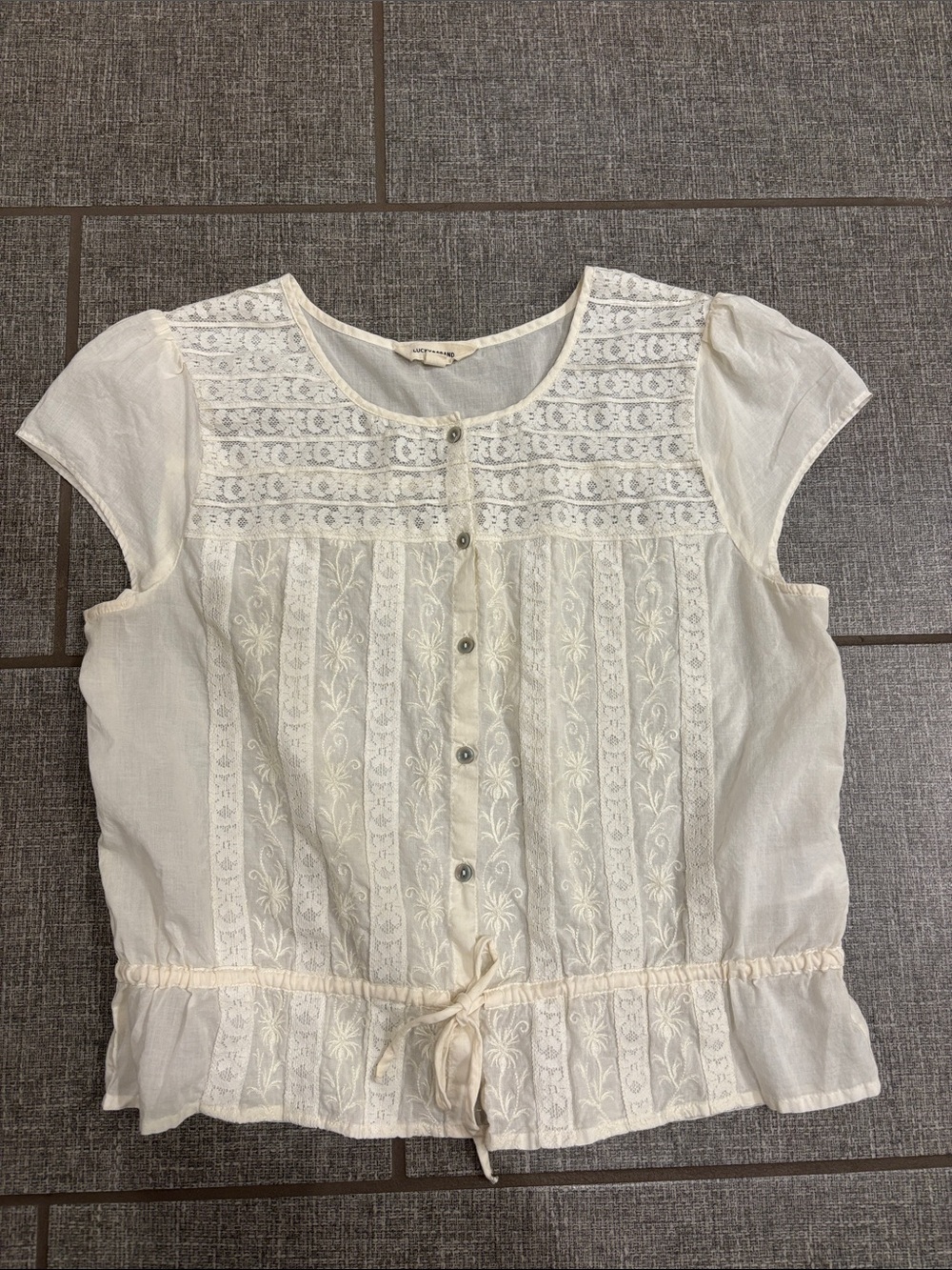 Women's Cream Lace-Front Tie Waist Top